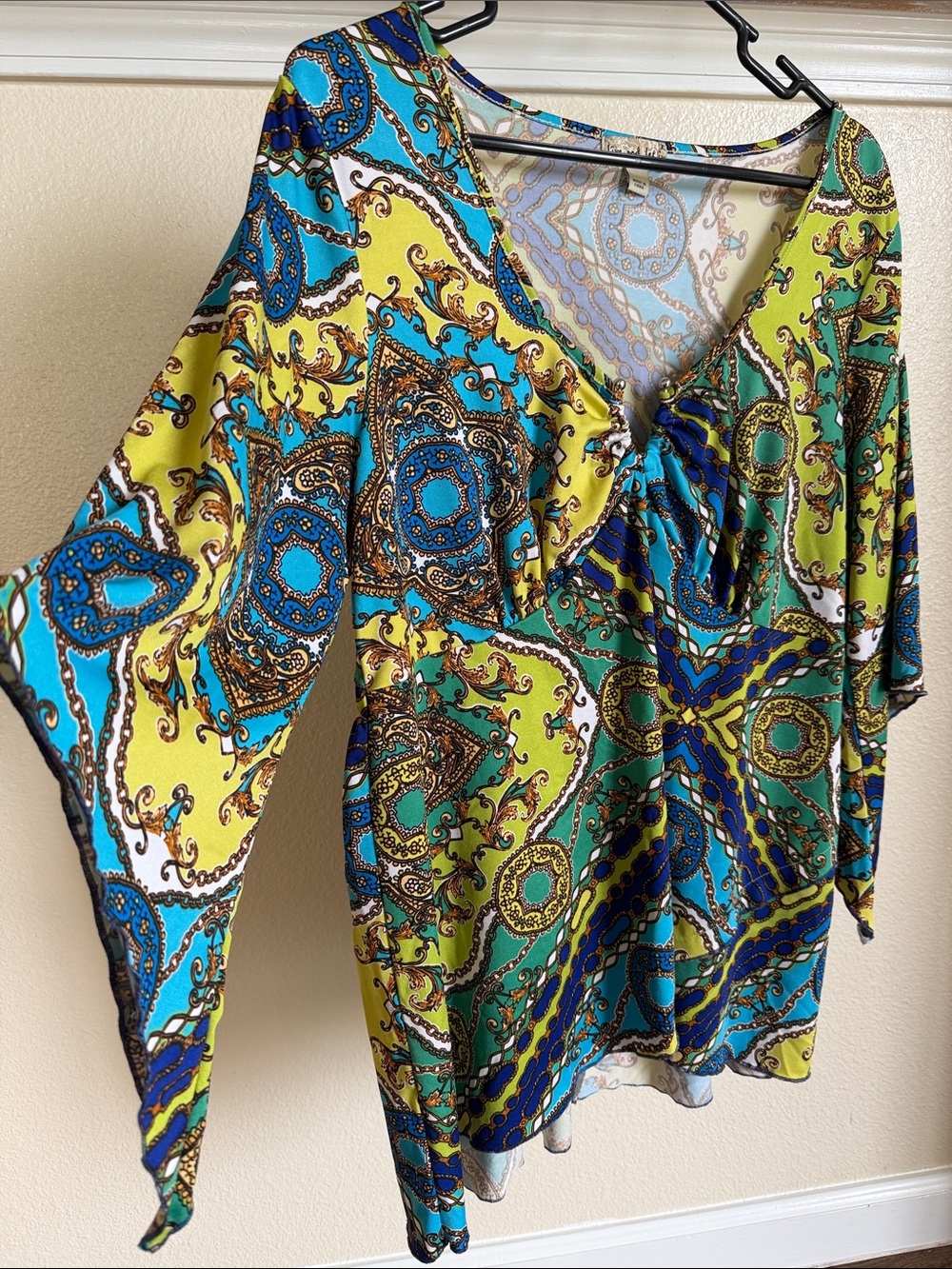 Y2K Vibrant Paisley Chain Print Blouse XL Kimono Sleeve Bell Sleeve